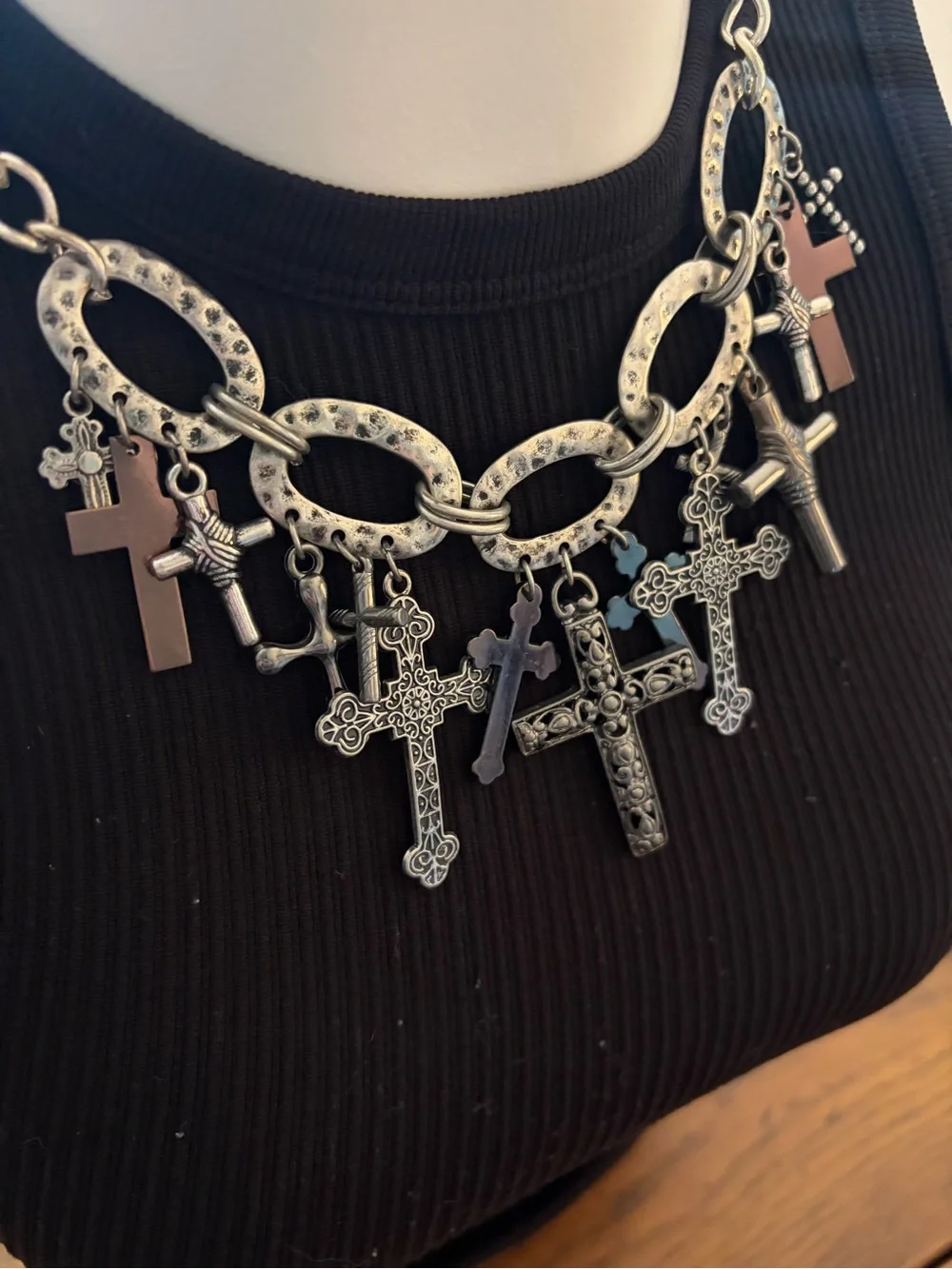 Gothic Vintage Style Silver Multi Cross Charm Statement Necklace Chunky Chain